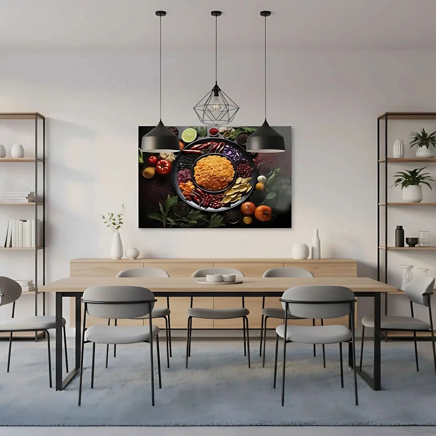 Nature morte d’un bol de pois dorés entouré de tomates rouges, piments, herbes et choux violets; composition circulaire.