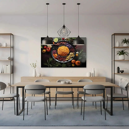 Nature morte d’un bol de pois dorés entouré de tomates rouges, piments, herbes et choux violets; composition circulaire.