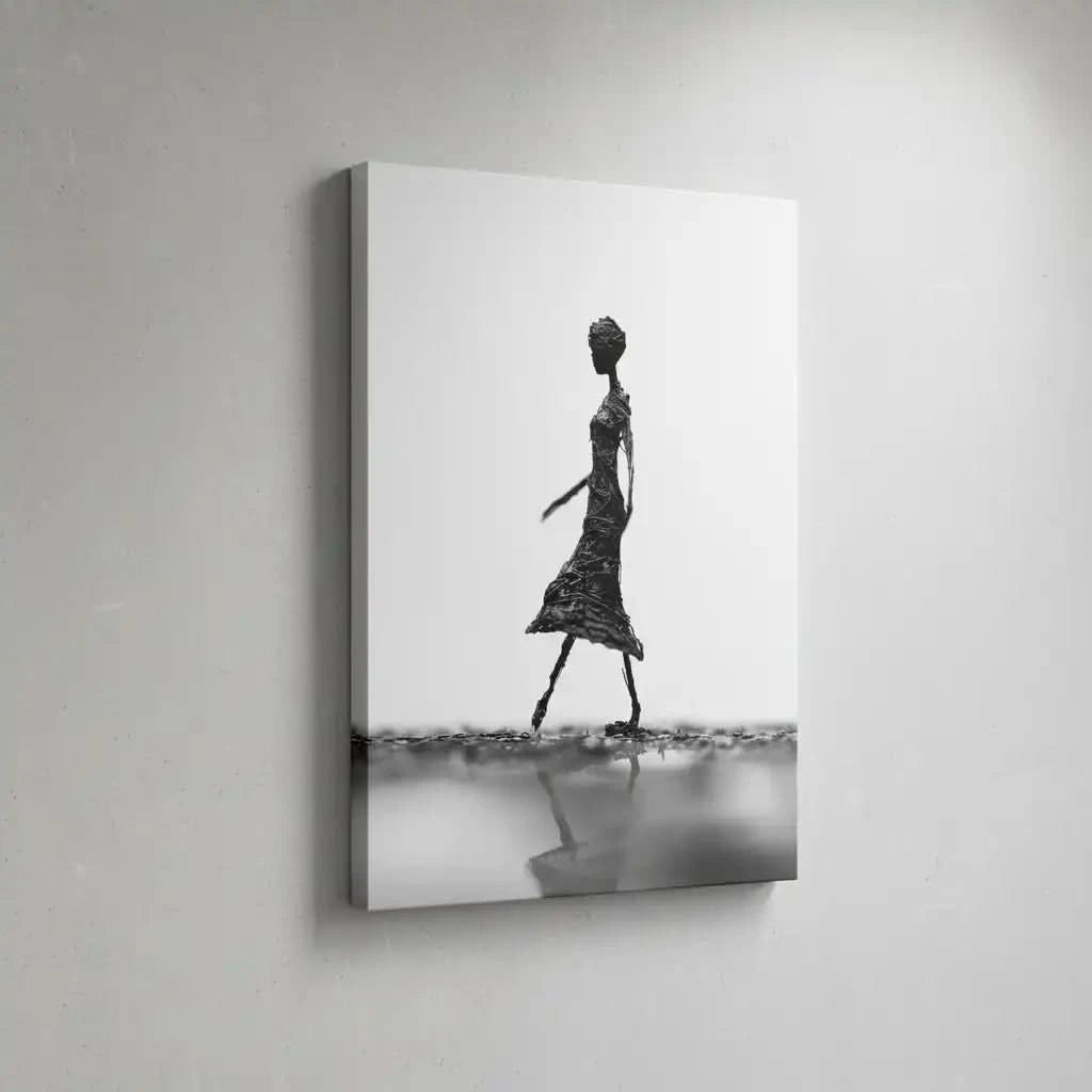 Photographie en noir et blanc d'une silhouette féminine élégante marchant, idéale pour une décoration moderne.