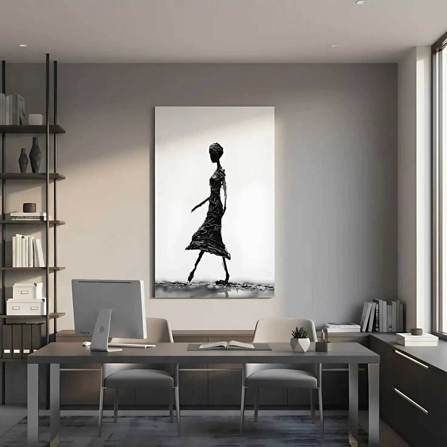 Photographie en noir et blanc d'une silhouette féminine élégante marchant, idéale pour une décoration moderne.
