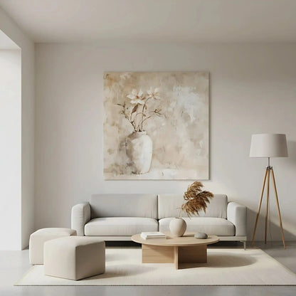 Une peinture de fleurs délicates dans un vase blanc, capturant la beauté simple et naturelle de la nature.