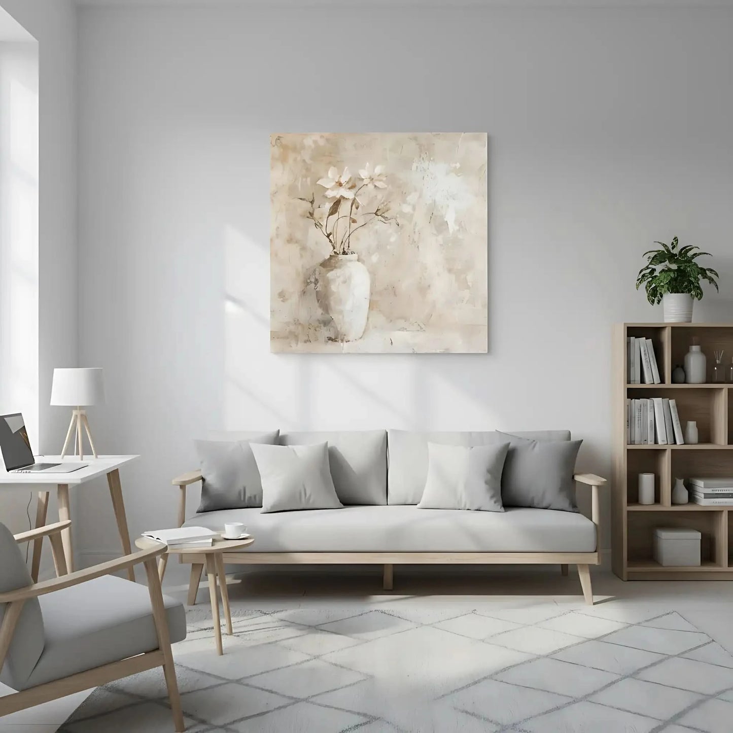 Une peinture de fleurs délicates dans un vase blanc, capturant la beauté simple et naturelle de la nature.