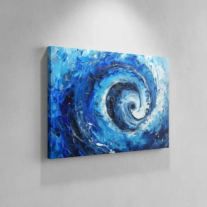 Spirale abstraite d’océan avec des vagues en bleu profond et blanc, créant un mouvement fluide et dynamique, idéale pour un salon moderne ou un bureau.