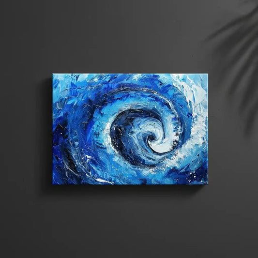 Spirale abstraite d’océan avec des vagues en bleu profond et blanc, créant un mouvement fluide et dynamique, idéale pour un salon moderne ou un bureau.