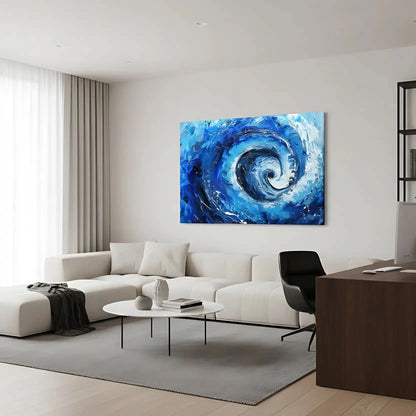 Spirale abstraite d’océan avec des vagues en bleu profond et blanc, créant un mouvement fluide et dynamique, idéale pour un salon moderne ou un bureau.