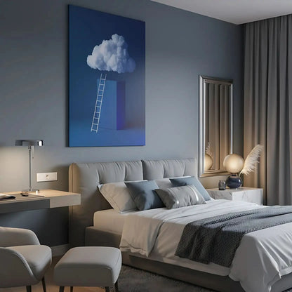 Illustration d'une échelle menant vers un nuage flottant, symbolisant l'ascension vers des rêves et des idéaux.