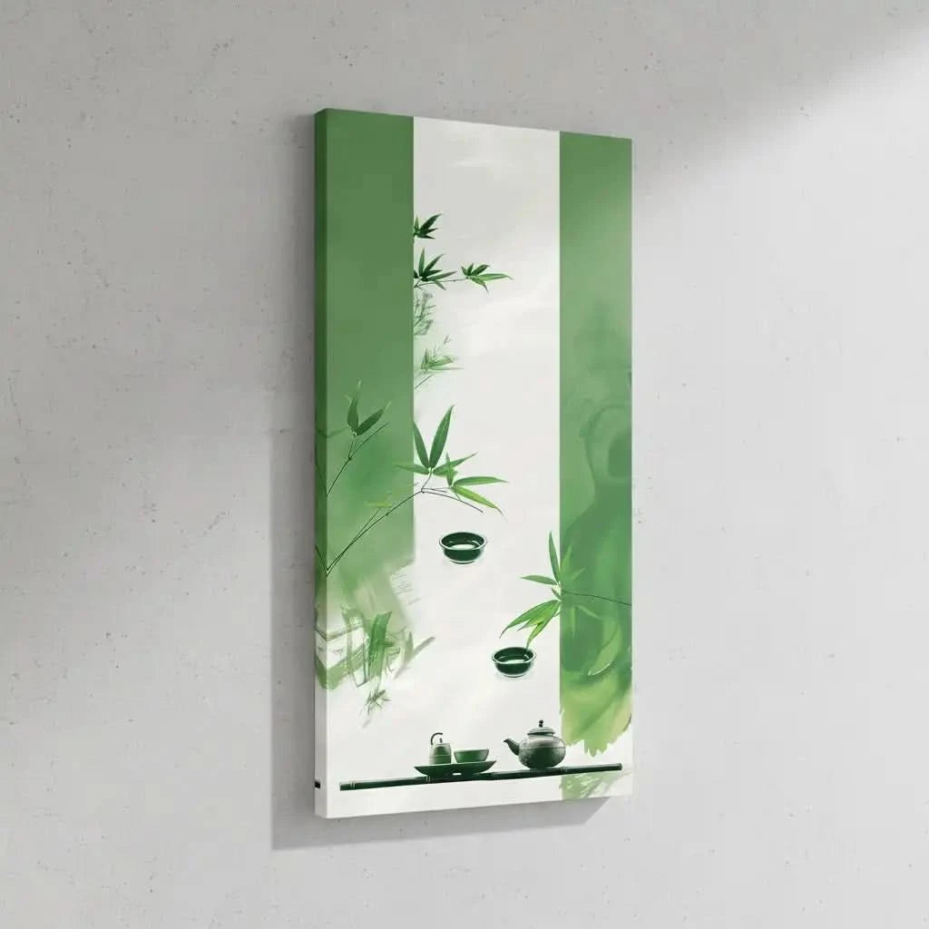 Tableau zen avec bambou et service à thé en vert et blanc. Ambiance apaisante, idéal pour un salon ou une salle de méditation.