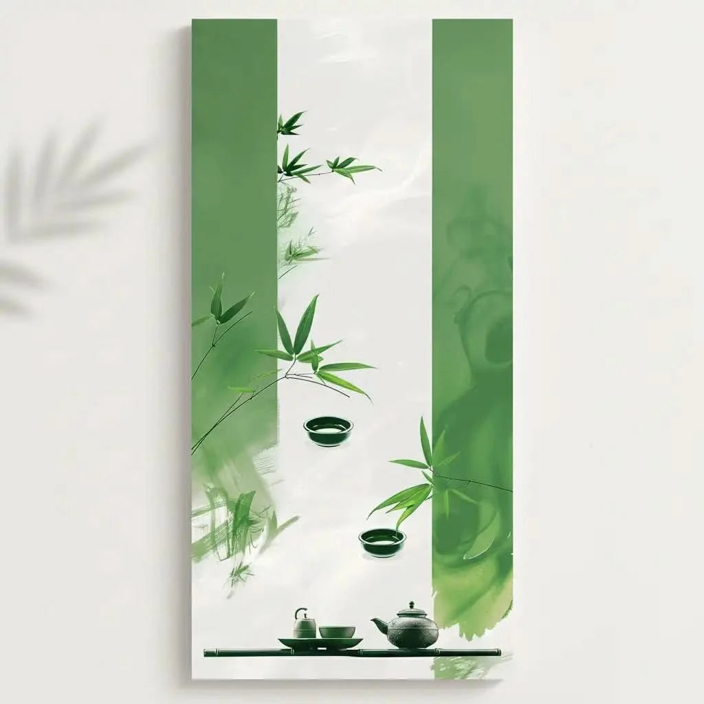 Tableau zen avec bambou et service à thé en vert et blanc. Ambiance apaisante, idéal pour un salon ou une salle de méditation.