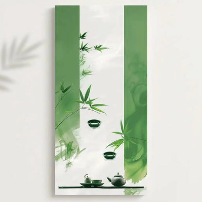 Tableau zen avec bambou et service à thé en vert et blanc. Ambiance apaisante, idéal pour un salon ou une salle de méditation.