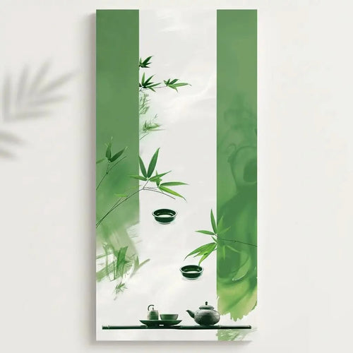 Tableau zen avec bambou et service à thé en vert et blanc. Ambiance apaisante, idéal pour un salon ou une salle de méditation.