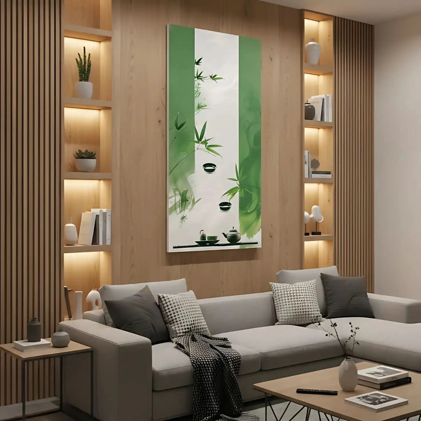 Tableau zen avec bambou et service à thé en vert et blanc. Ambiance apaisante, idéal pour un salon ou une salle de méditation.
