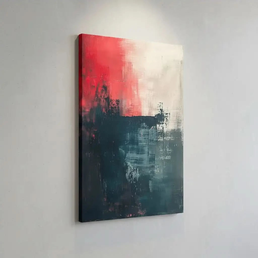 Oeuvre d'art abstraite avec une forte présence de rouge et bleu, dégageant une énergie vive et une puissance visuelle.