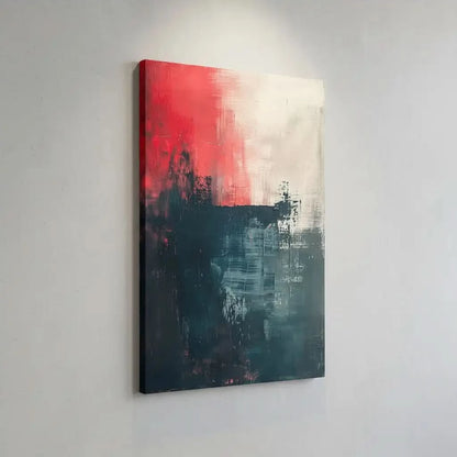 Oeuvre d'art abstraite avec une forte présence de rouge et bleu, dégageant une énergie vive et une puissance visuelle.