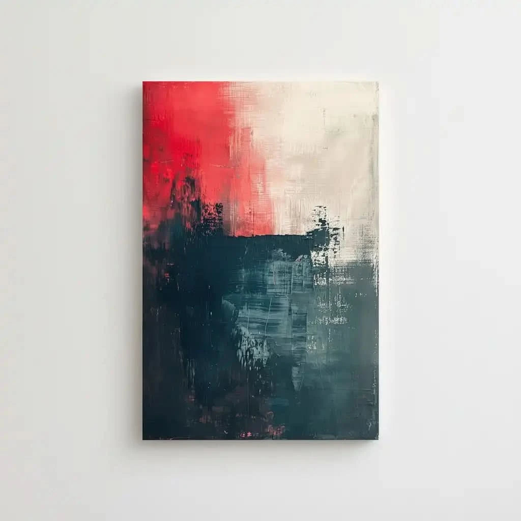 Oeuvre d'art abstraite avec une forte présence de rouge et bleu, dégageant une énergie vive et une puissance visuelle.