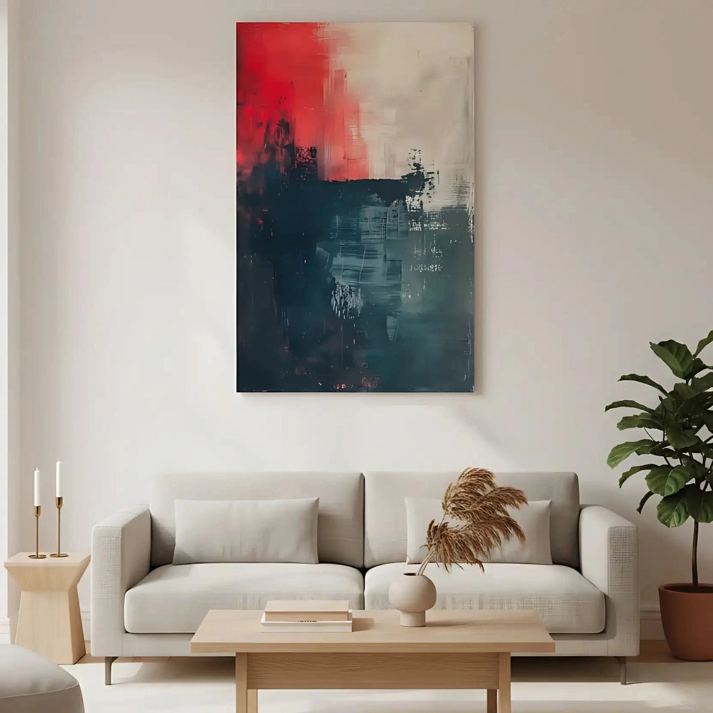 Oeuvre d'art abstraite avec une forte présence de rouge et bleu, dégageant une énergie vive et une puissance visuelle.