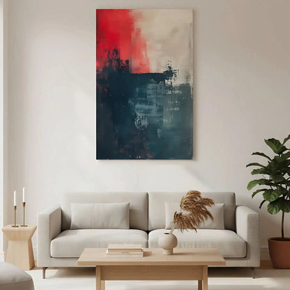 Oeuvre d'art abstraite avec une forte présence de rouge et bleu, dégageant une énergie vive et une puissance visuelle.