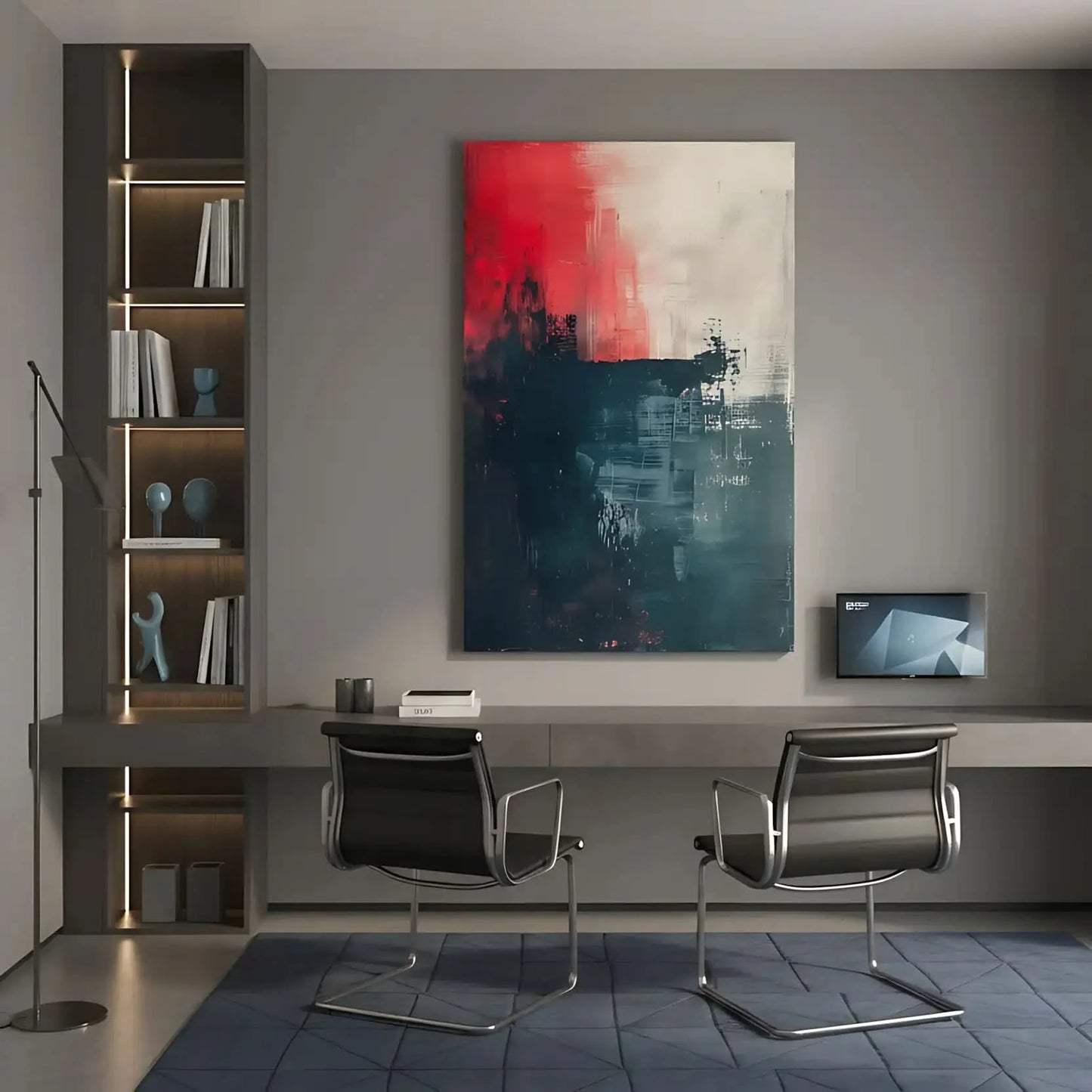 Oeuvre d'art abstraite avec une forte présence de rouge et bleu, dégageant une énergie vive et une puissance visuelle.