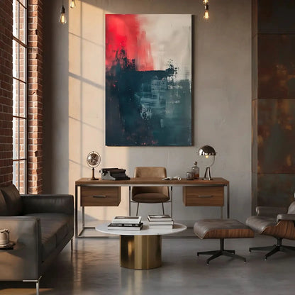 Oeuvre d'art abstraite avec une forte présence de rouge et bleu, dégageant une énergie vive et une puissance visuelle.