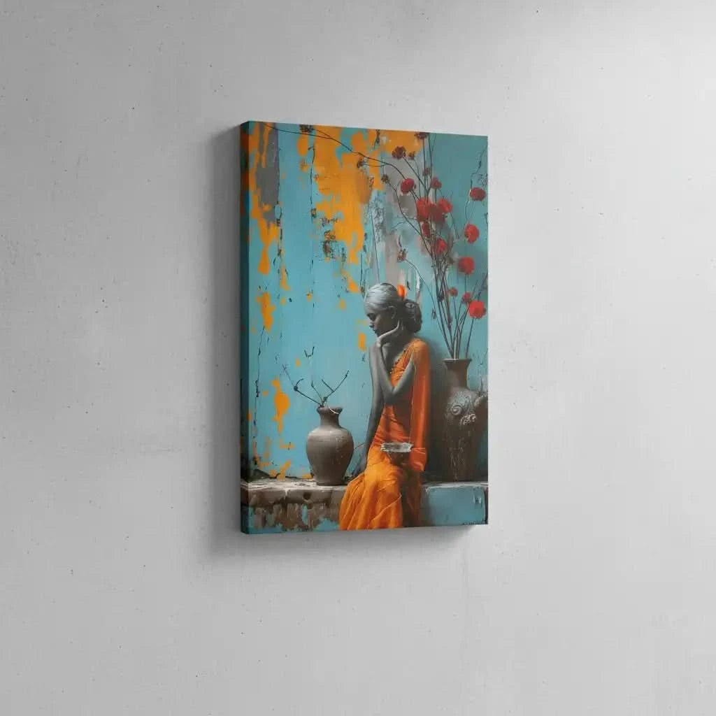 Photographie d'une silhouette féminine en sari orange, entourée de fleurs rouges et d'une peinture murale colorée - atmosphère inspirante.