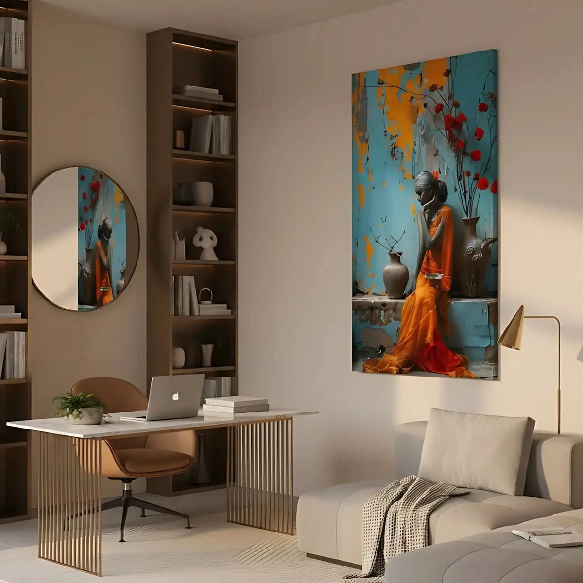 Photographie d'une silhouette féminine en sari orange, entourée de fleurs rouges et d'une peinture murale colorée - atmosphère inspirante.