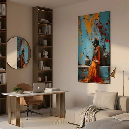 Photographie d'une silhouette féminine en sari orange, entourée de fleurs rouges et d'une peinture murale colorée - atmosphère inspirante.