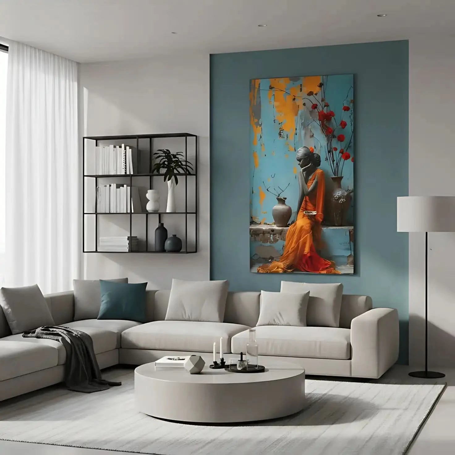 Photographie d'une silhouette féminine en sari orange, entourée de fleurs rouges et d'une peinture murale colorée - atmosphère inspirante.