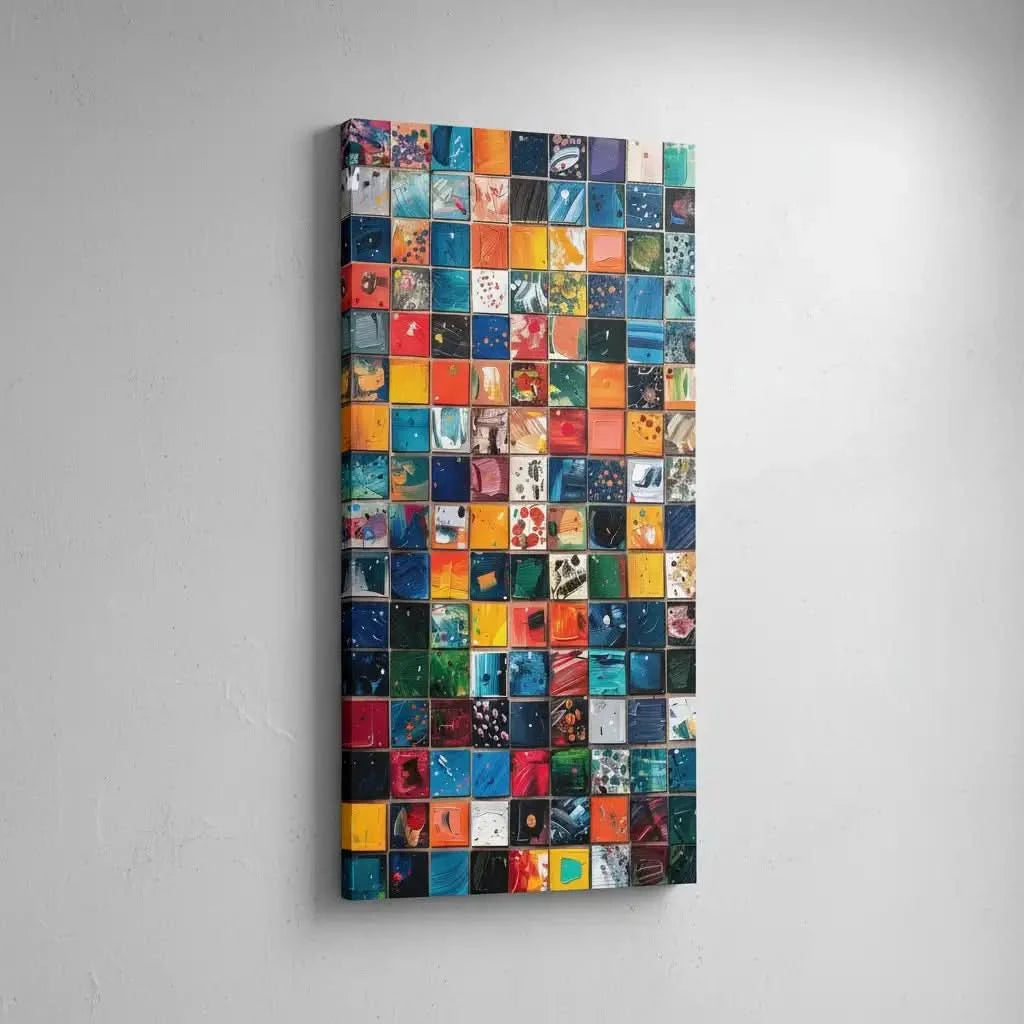 Composition de carrés colorés avec des éclaboussures de peinture vibrantes et dynamiques, idéale pour un espace créatif.
