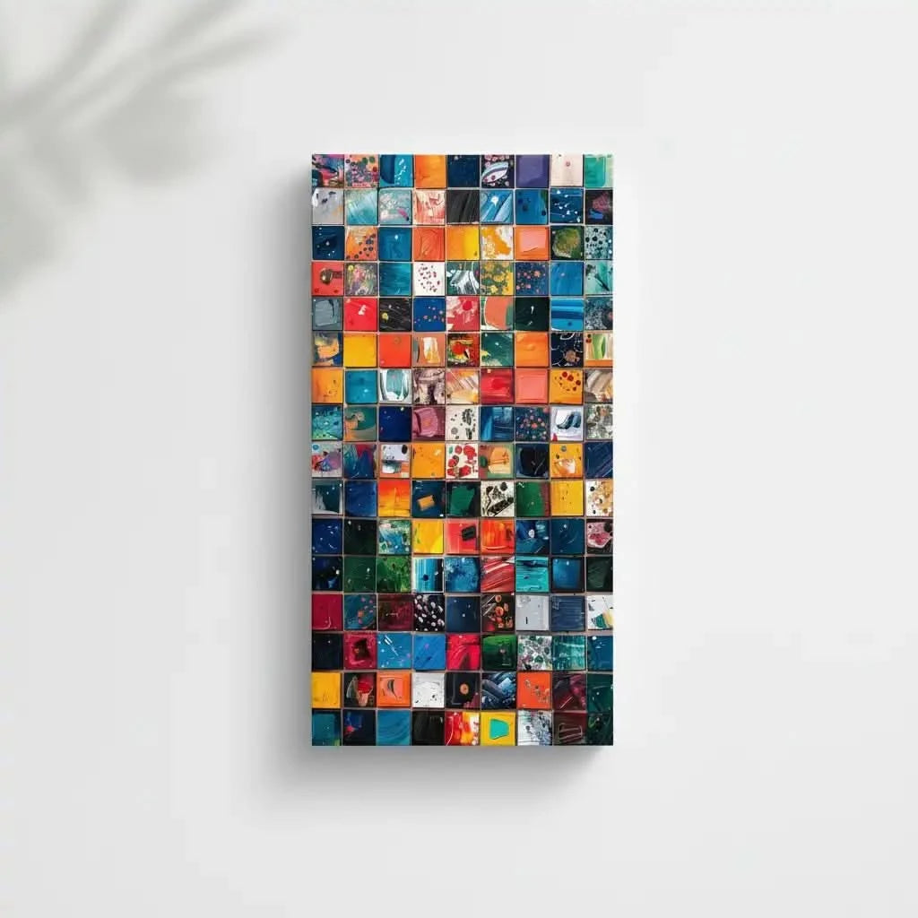 Composition de carrés colorés avec des éclaboussures de peinture vibrantes et dynamiques, idéale pour un espace créatif.