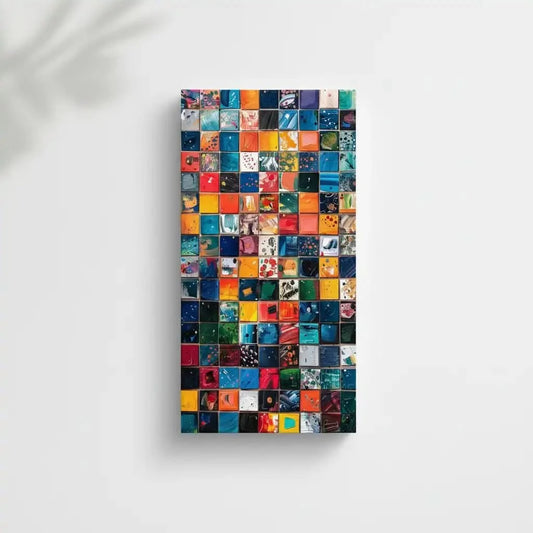 Composition de carrés colorés avec des éclaboussures de peinture vibrantes et dynamiques, idéale pour un espace créatif.