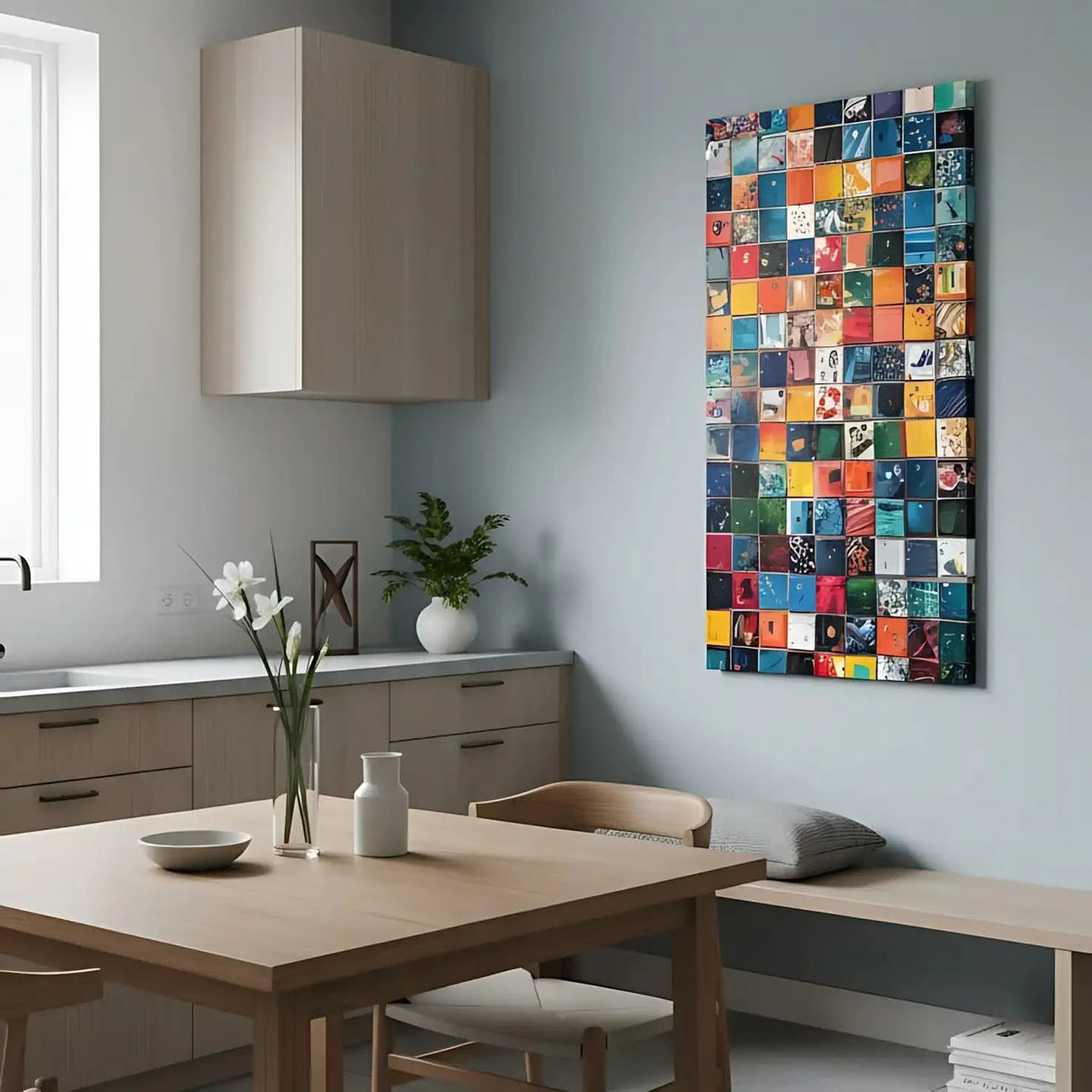 Composition de carrés colorés avec des éclaboussures de peinture vibrantes et dynamiques, idéale pour un espace créatif.