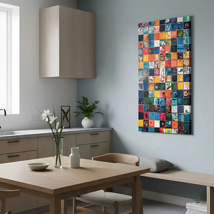 Composition de carrés colorés avec des éclaboussures de peinture vibrantes et dynamiques, idéale pour un espace créatif.