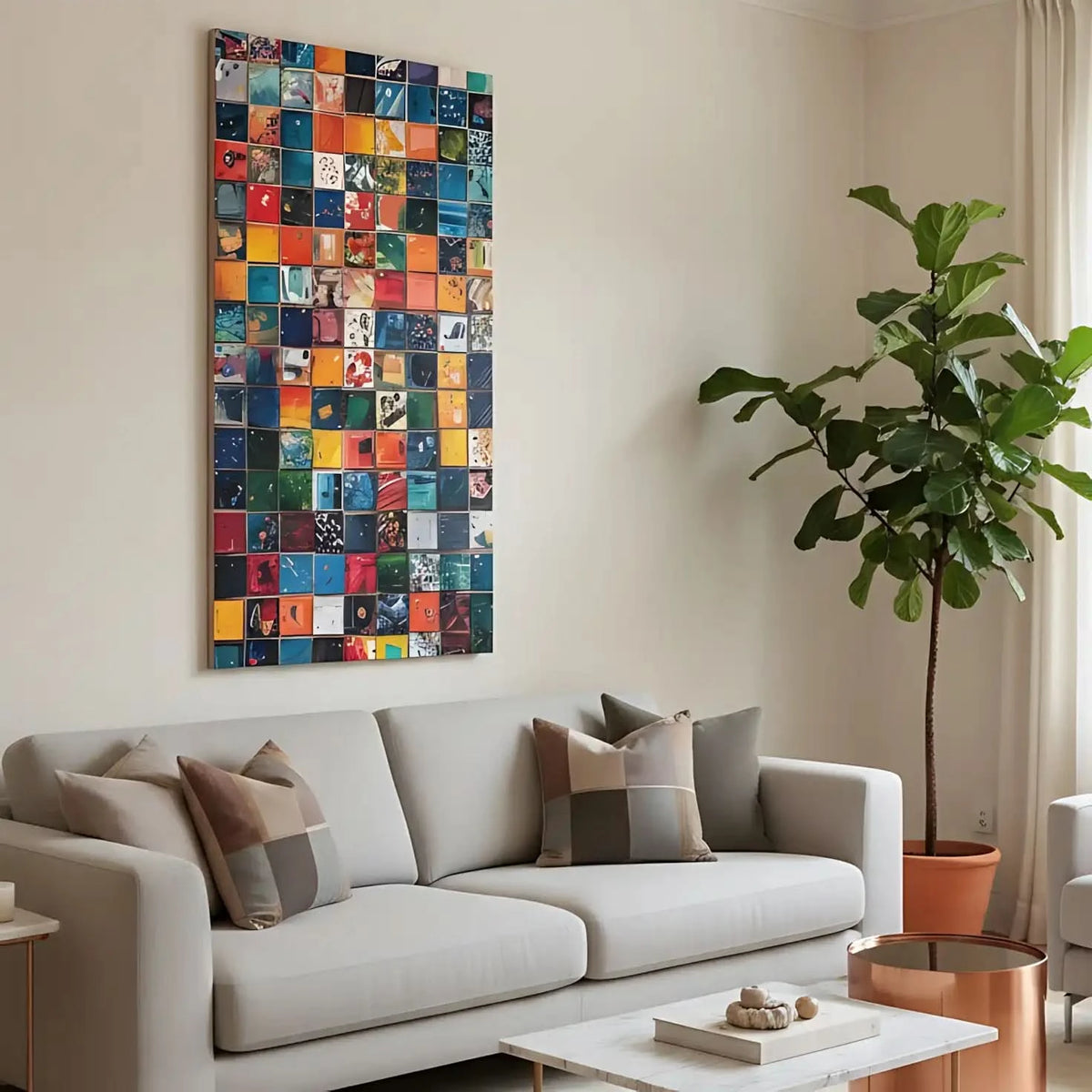 Composition de carrés colorés avec des éclaboussures de peinture vibrantes et dynamiques, idéale pour un espace créatif.