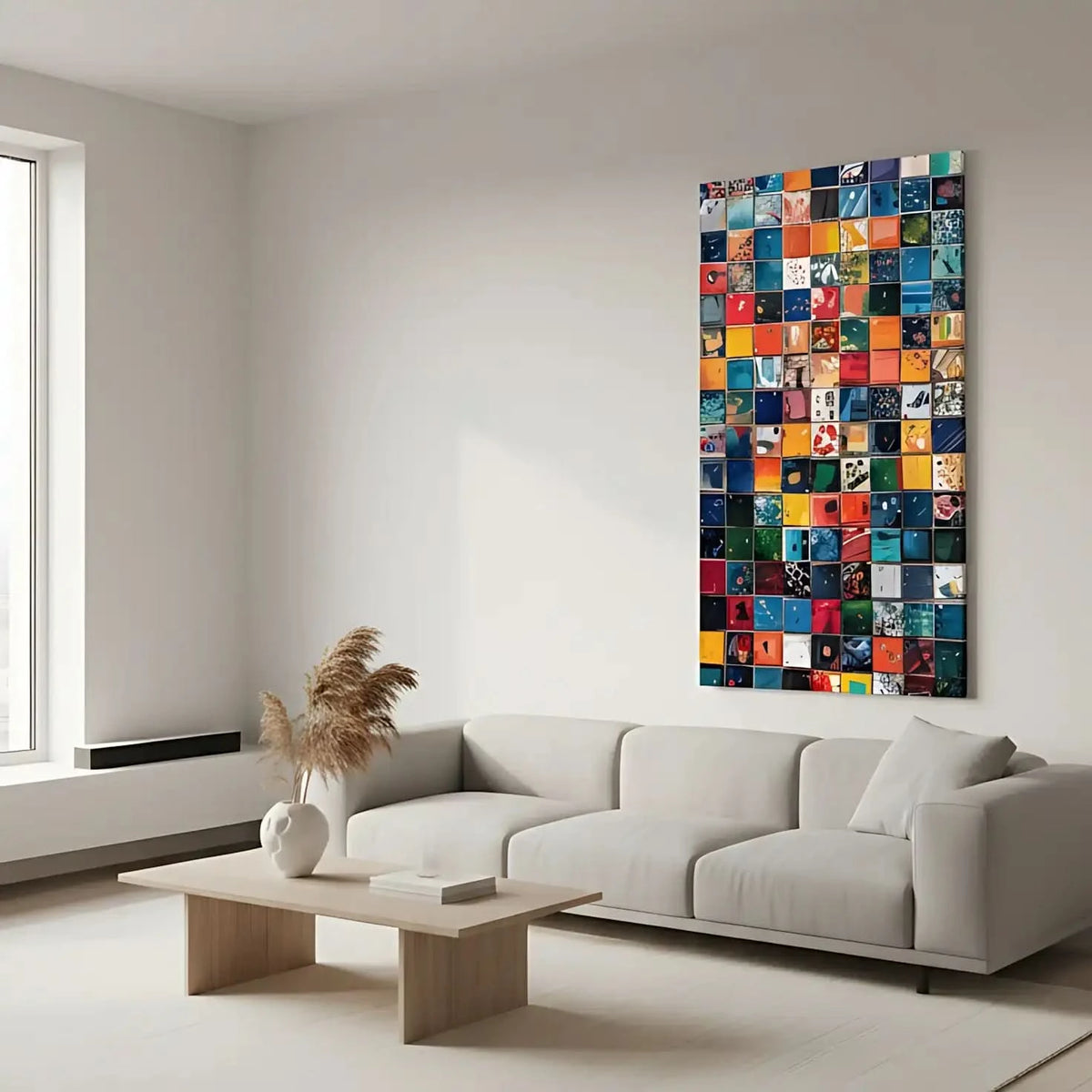 Composition de carrés colorés avec des éclaboussures de peinture vibrantes et dynamiques, idéale pour un espace créatif.