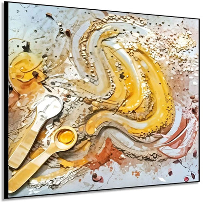 Tourbillon de miel doré et caramel avec éclats beige et brun et cuillères argentées; œuvre chaleureuse pour cuisine ou salon.