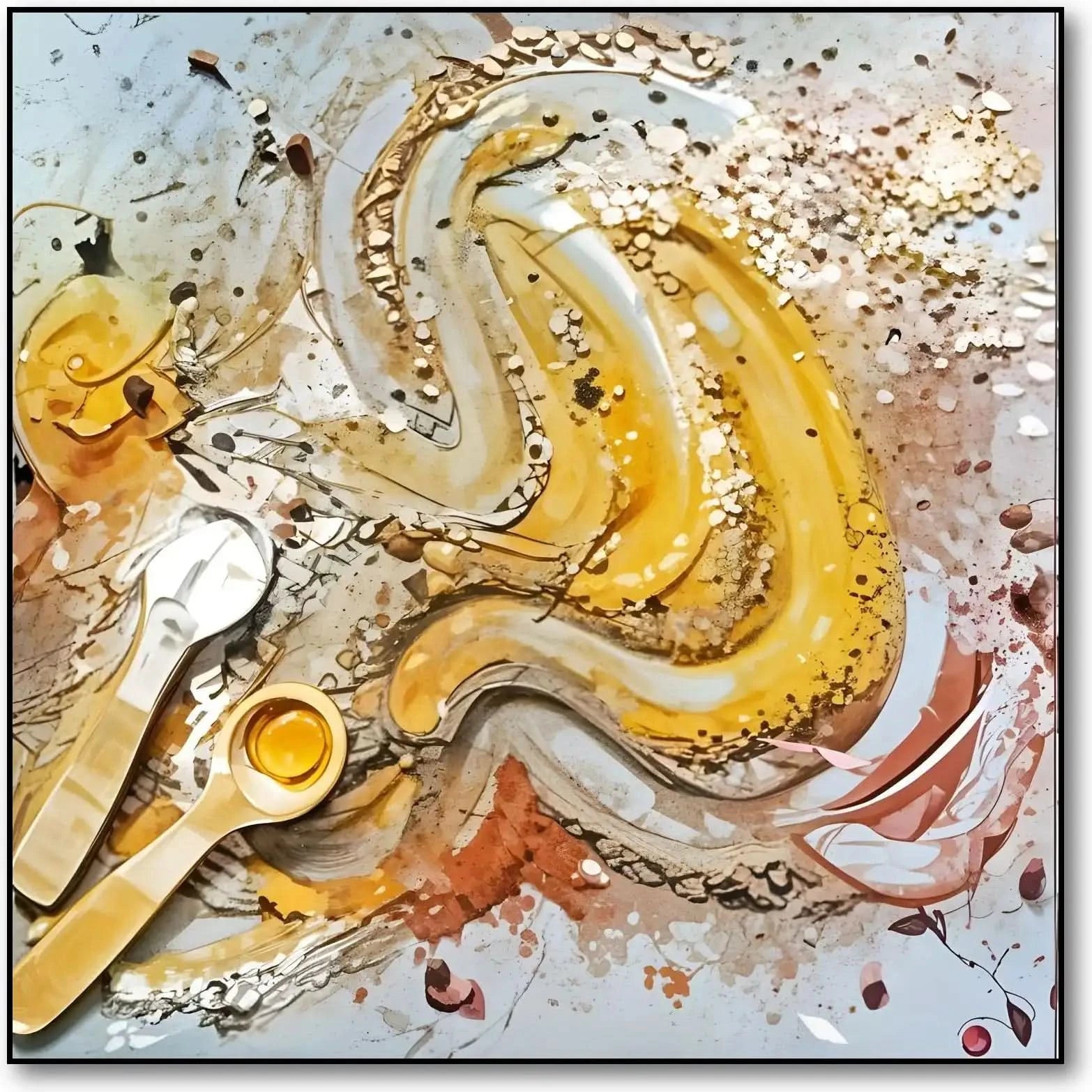 Tourbillon de miel doré et caramel avec éclats beige et brun et cuillères argentées; œuvre chaleureuse pour cuisine ou salon.