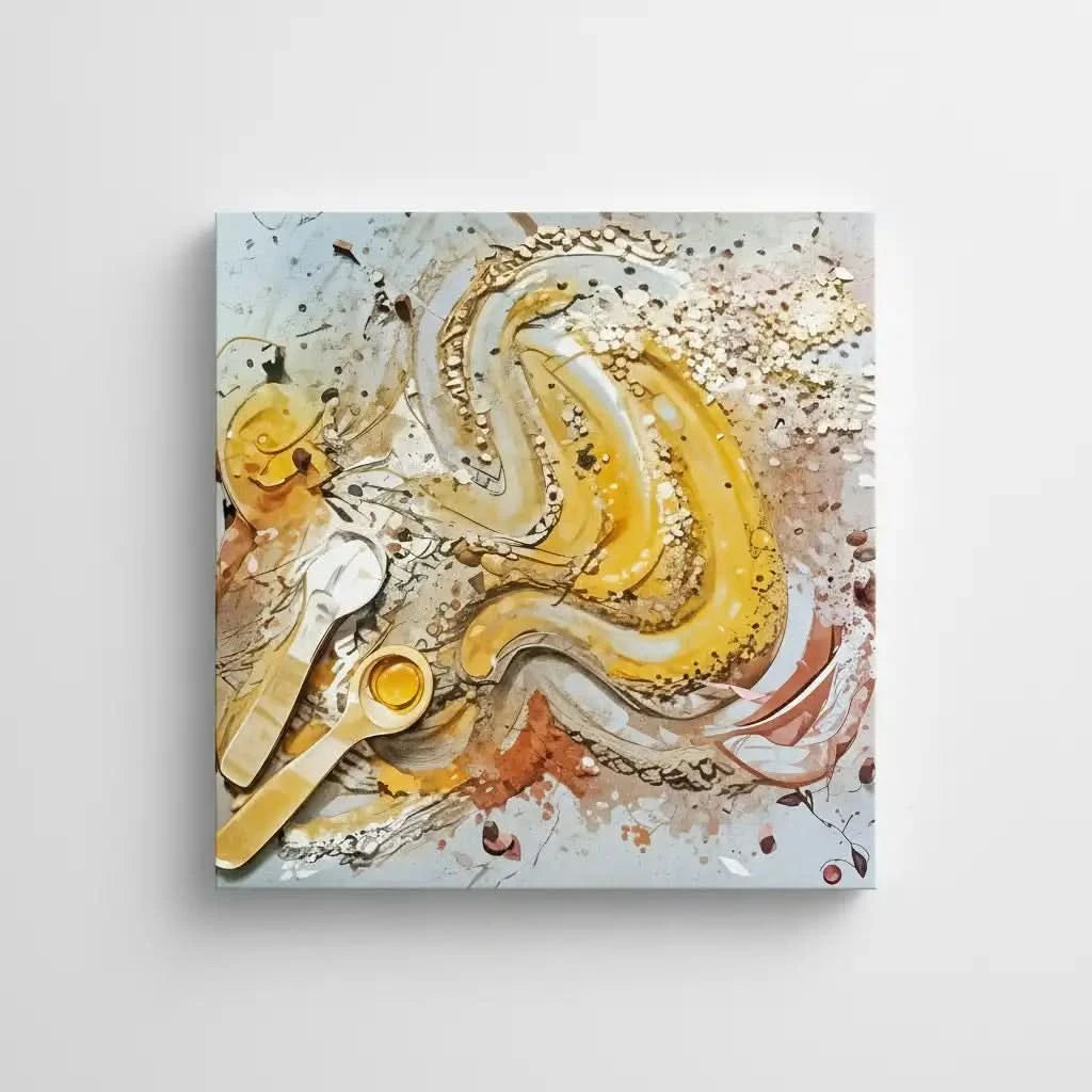 Tourbillon de miel doré et caramel avec éclats beige et brun et cuillères argentées; oeuvre chaleureuse pour cuisine ou salon.