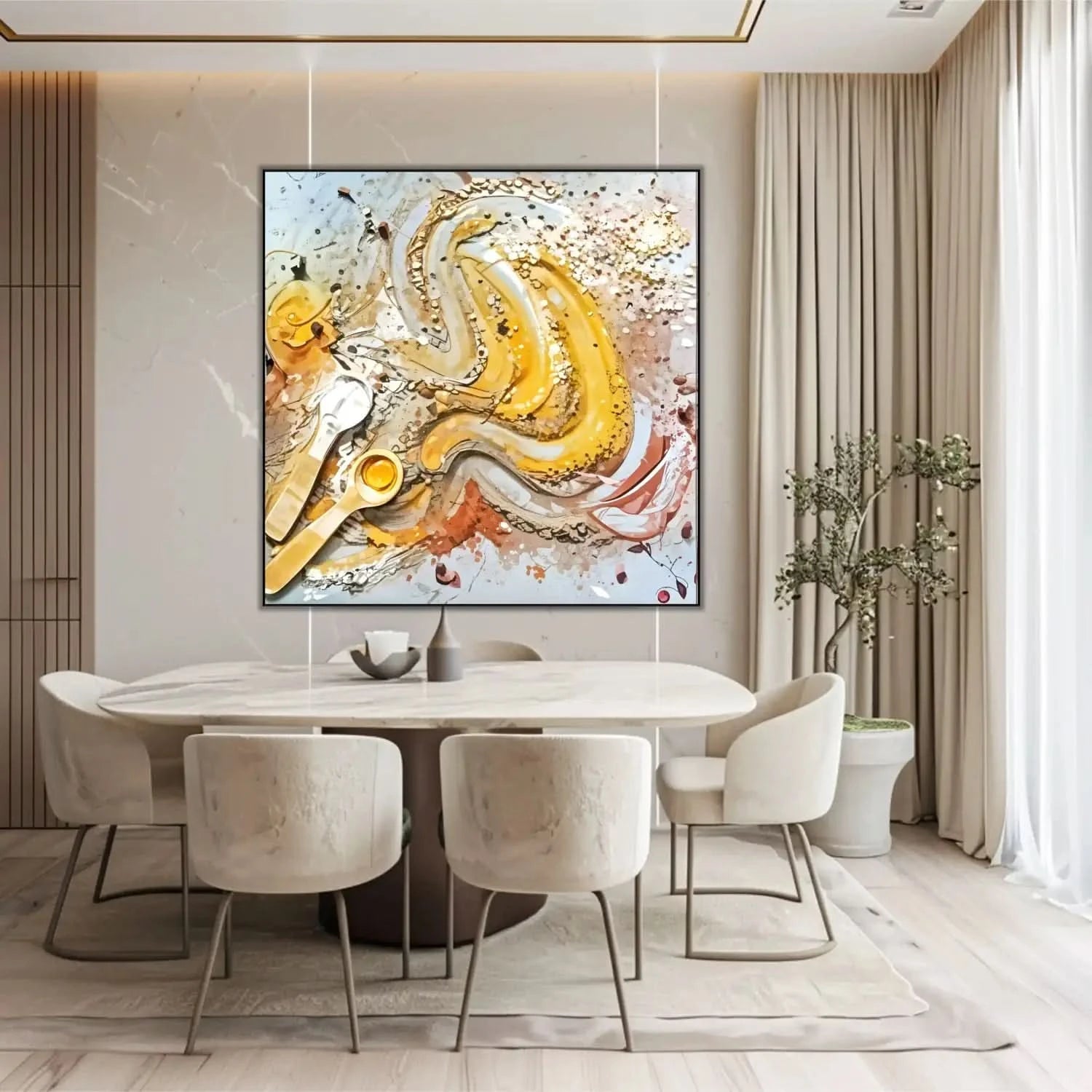 Tourbillon de miel doré et caramel avec éclats beige et brun et cuillères argentées; œuvre chaleureuse pour cuisine ou salon.