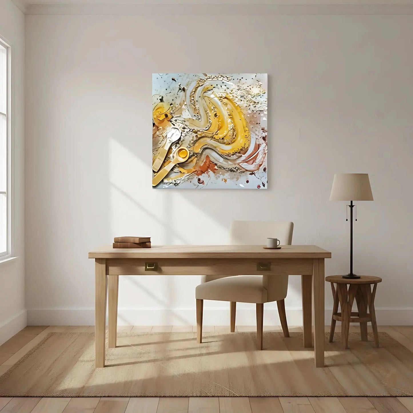 Tourbillon de miel doré et caramel avec éclats beige et brun et cuillères argentées; oeuvre chaleureuse pour cuisine ou salon.