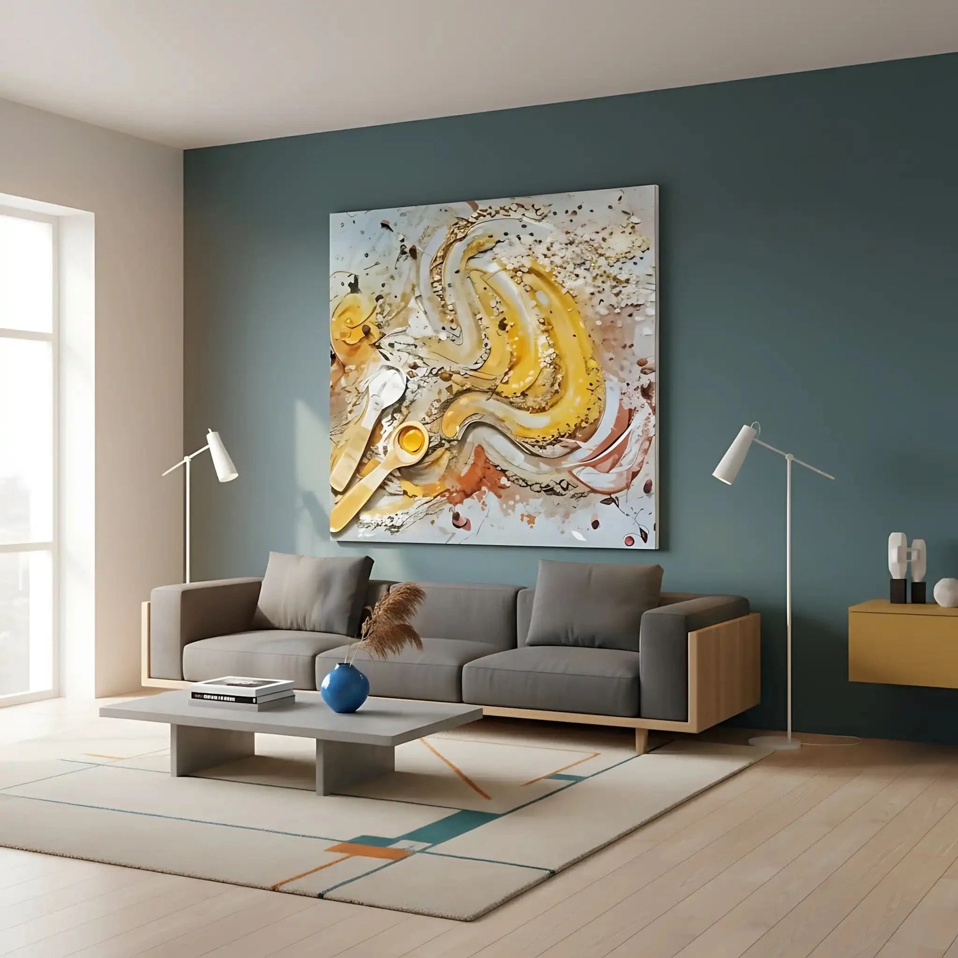 Tourbillon de miel doré et caramel avec éclats beige et brun et cuillères argentées; oeuvre chaleureuse pour cuisine ou salon.