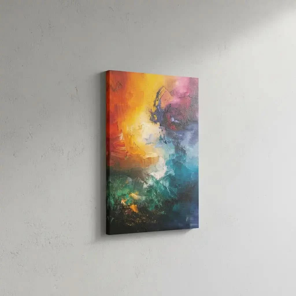 Peinture abstraite dynamique avec explosion de couleurs vives, apportant une énergie vibrante et un impact visuel fort.