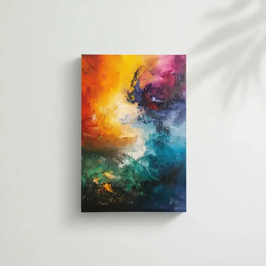 Peinture abstraite dynamique avec explosion de couleurs vives, apportant une énergie vibrante et un impact visuel fort.