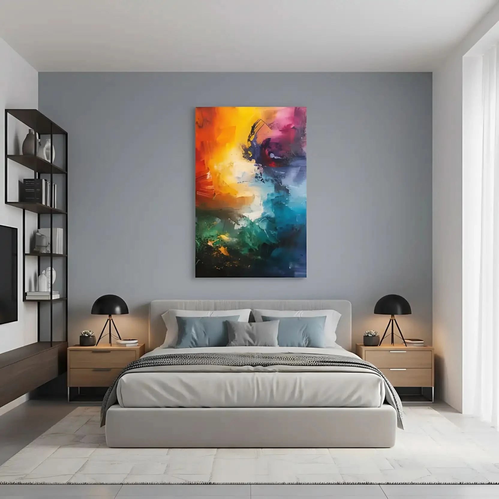 Peinture abstraite dynamique avec explosion de couleurs vives, apportant une énergie vibrante et un impact visuel fort.