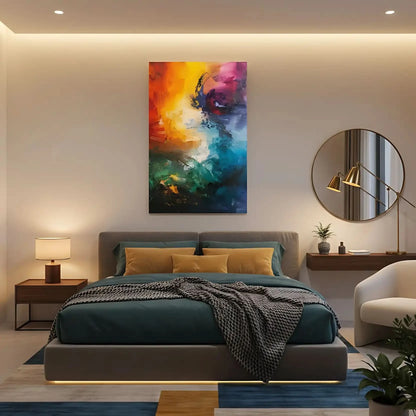 Peinture abstraite dynamique avec explosion de couleurs vives, apportant une énergie vibrante et un impact visuel fort.