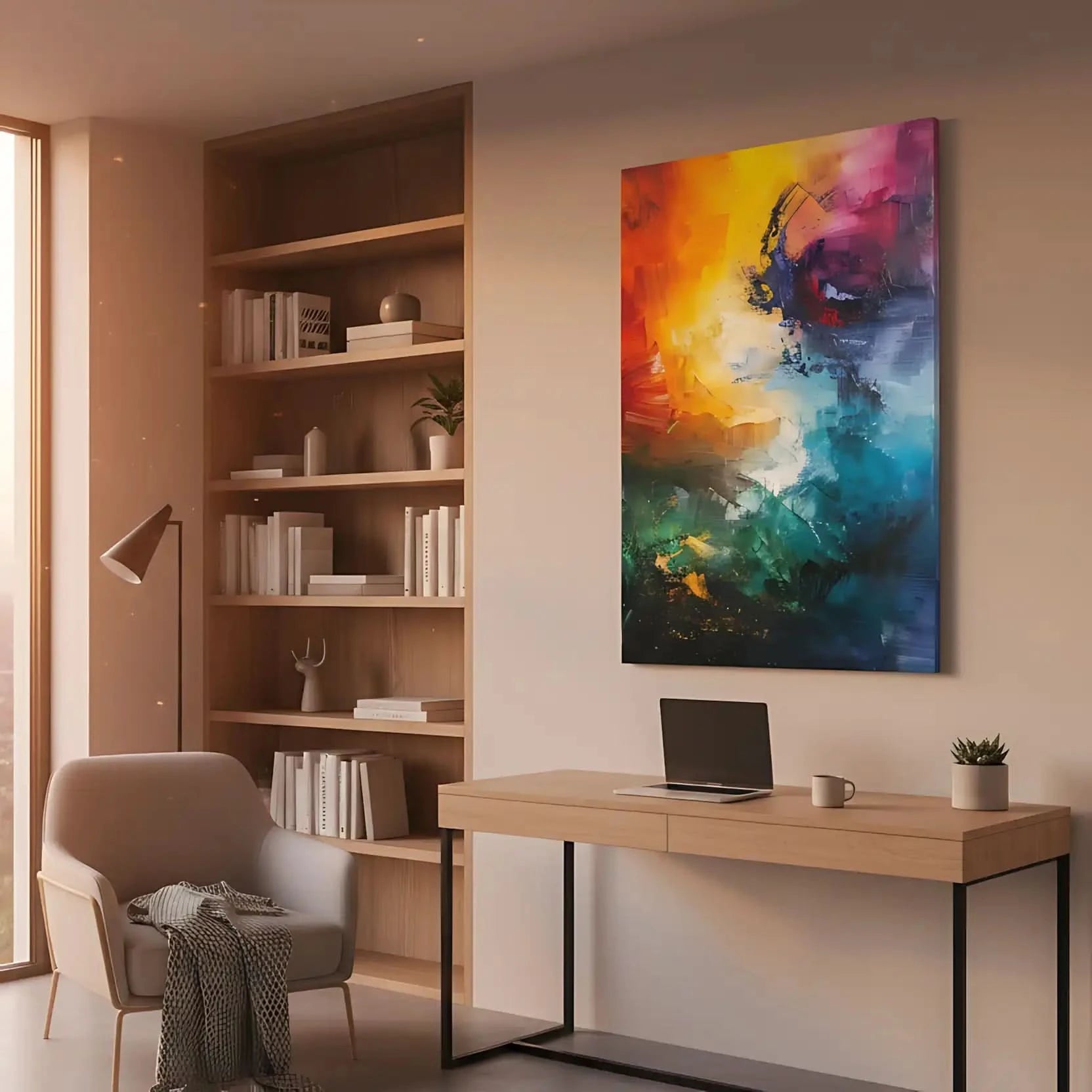 Peinture abstraite dynamique avec explosion de couleurs vives, apportant une énergie vibrante et un impact visuel fort.
