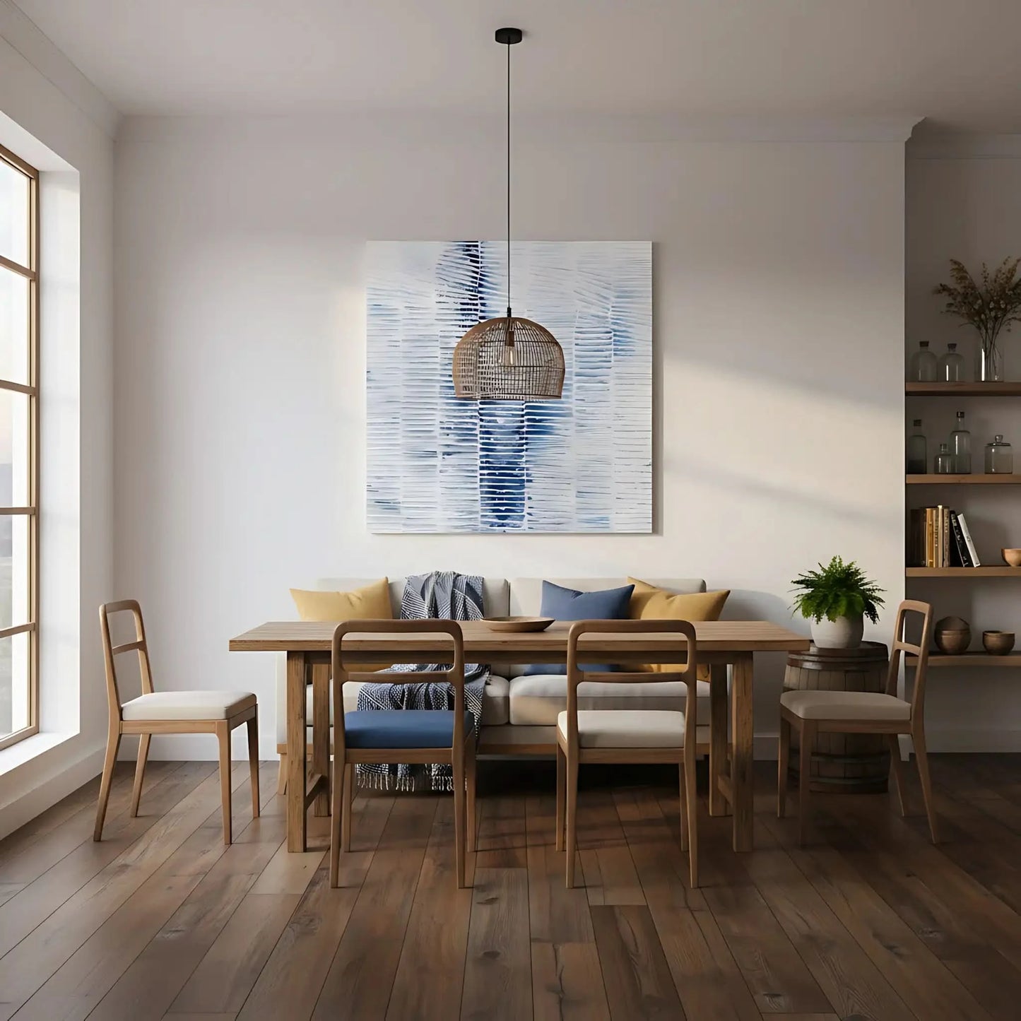 Composition minimaliste avec un cercle noir sur fond crème et une forme abstraite d'arc noir, créant un équilibre visuel de simplicité.