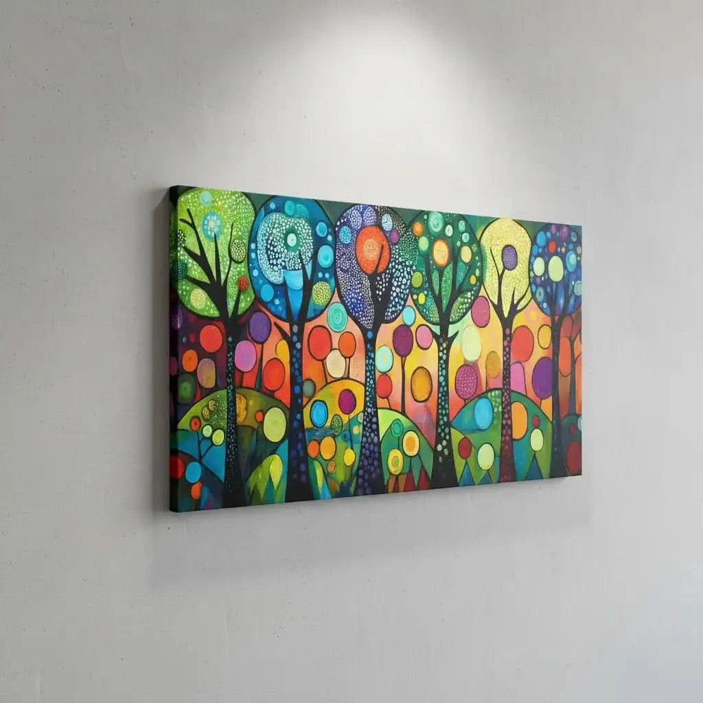 Un paysage coloré de formes abstraites représentant des arbres dans une forêt vibrante, idéal pour décorer salon ou chambre d'enfant.