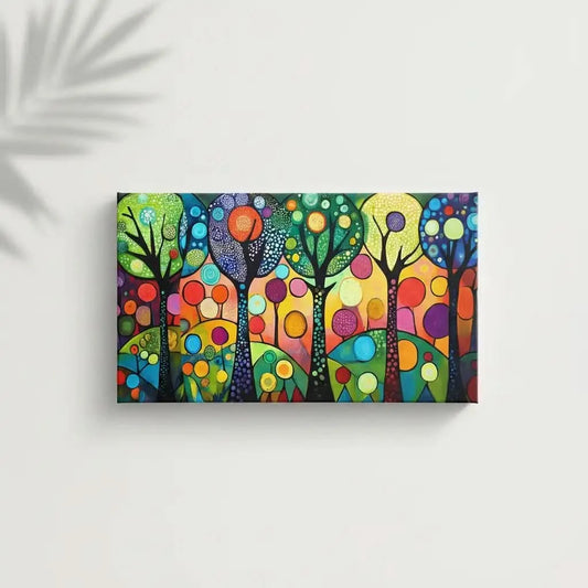 Un paysage coloré de formes abstraites représentant des arbres dans une forêt vibrante, idéal pour décorer salon ou chambre d'enfant.