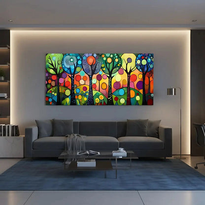 Un paysage coloré de formes abstraites représentant des arbres dans une forêt vibrante, idéal pour décorer salon ou chambre d'enfant.