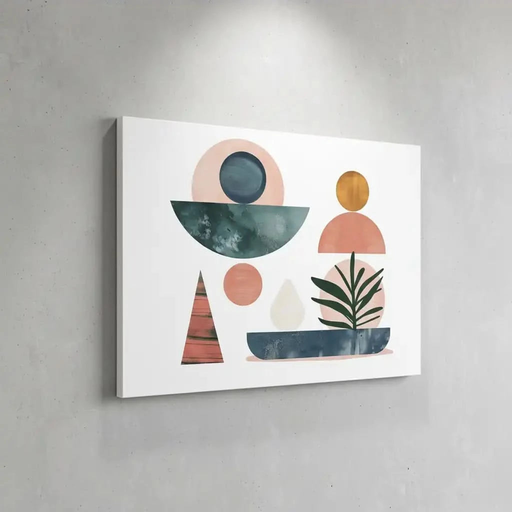 Formes géométriques en rose, bleu et vert, avec des éléments de plantes stylisées. Une oeuvre bohème et contemporaine, parfaite pour un salon ou un espace créatif.