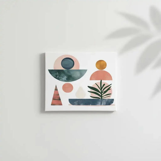 Formes géométriques en rose, bleu et vert, avec des éléments de plantes stylisées. Une oeuvre bohème et contemporaine, parfaite pour un salon ou un espace créatif.